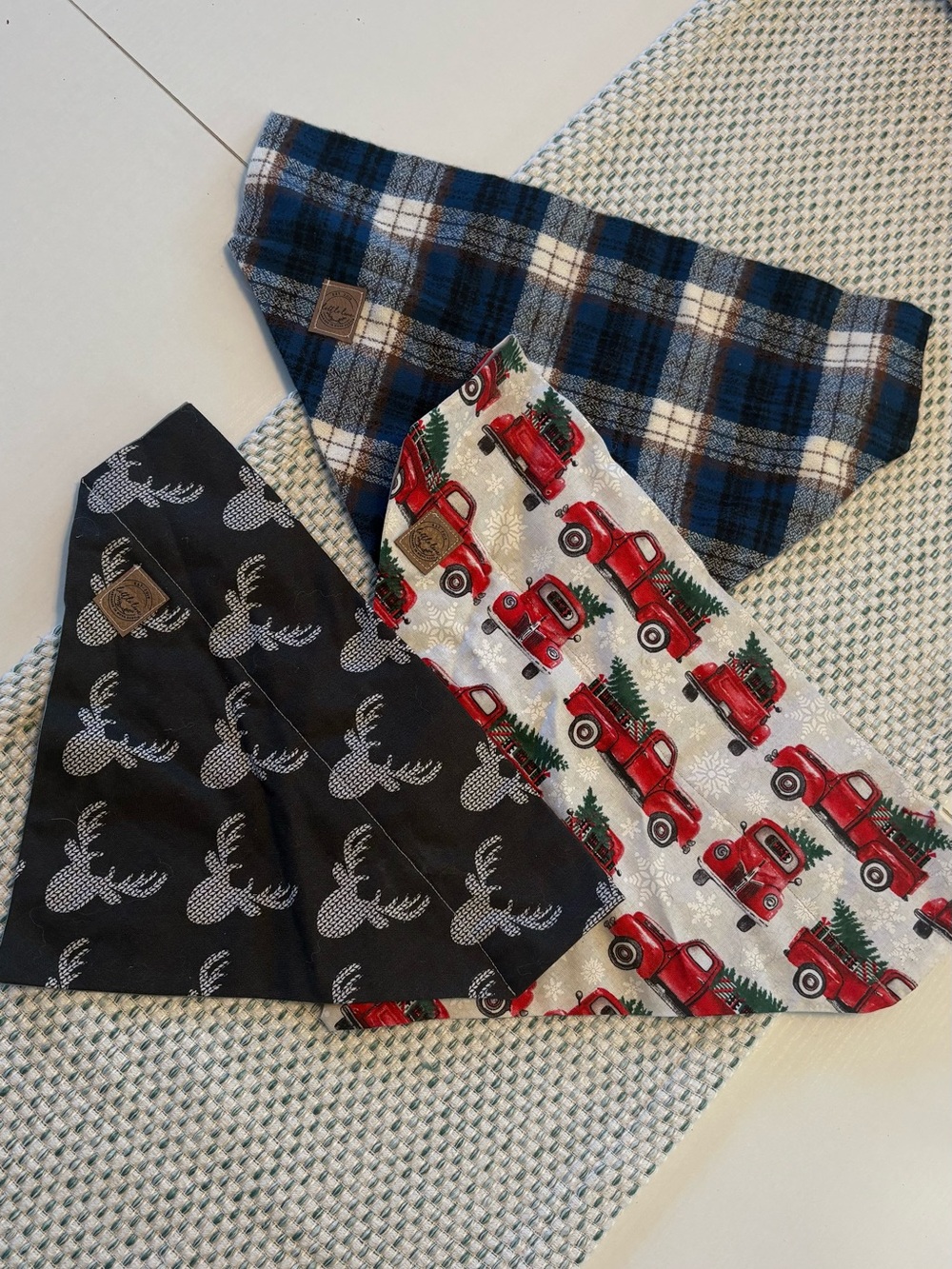 Handmade Dog Bandana Plaid, Reindeer & Red Truck Bandana Bib Set